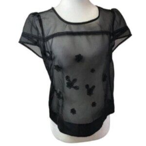 Women's Black Sheer Flower Applique Blouse Large